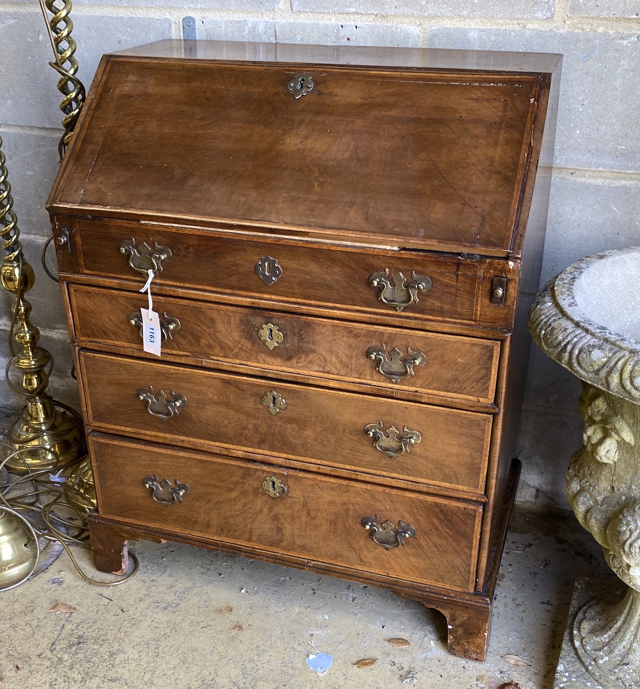 A small 18th century style banded walnut bureau, width 69cm, depth 40cm, height 88cm